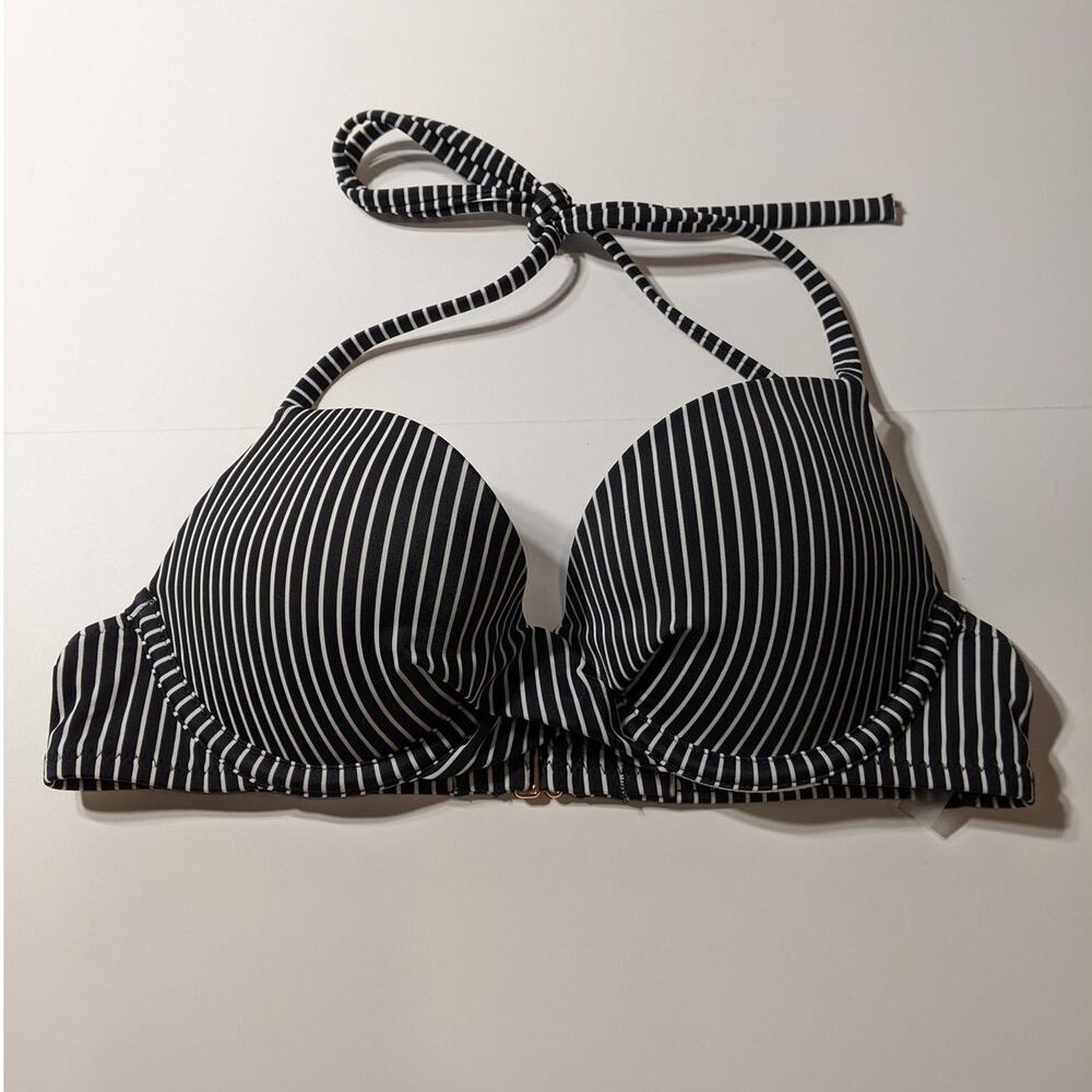 Shade & Shore Bikini Top Striped Twist Front Lined Swimsuit Black White 32B Pool